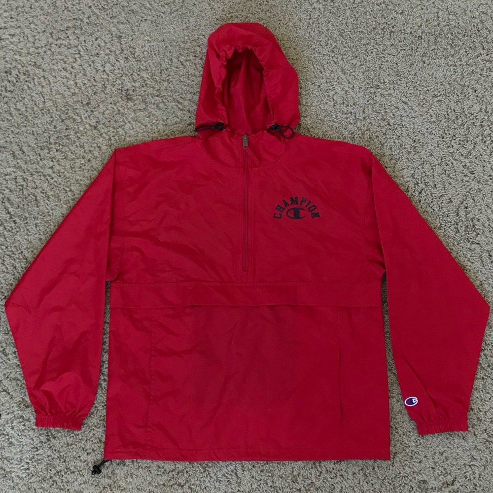 red vintage champion windbreaker pullover